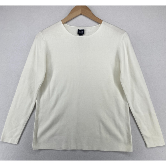EILEEN FISHER Sweater S Ribbed Pullover Top Round Neck Long Sleeve White VTG HK - Picture 1 of 11